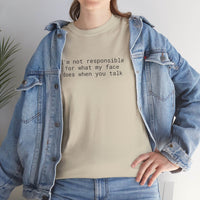 Printify eco-friendly funny t-shirt beige crew neck with sarcastic printed slogan worn under denim jacket