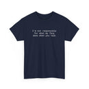 Printify eco-friendly funny t-shirt navy unisex tee with white text Im not responsible for what my face does when you talk