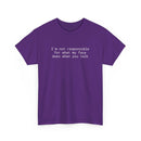 Printify purple t shirt with white text Im not responsible for what my face does when you talk eco-friendly funny t-shirt