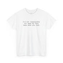 White t shirt with centered small text I am not responsible for what my face does when you talk eco-friendly funny t-shirt