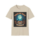 Beige Printify t shirt featuring spooky jack o lantern full moon bats haunted house graphic eco-friendly Halloween t-shirt