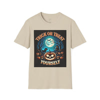 Beige Printify t shirt featuring spooky jack o lantern full moon bats haunted house graphic eco-friendly Halloween t-shirt
