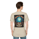 Printify eco-friendly Halloween t-shirt back view beige tee with Trick or Treat Yourself pumpkin moon graphic