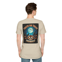 Printify eco-friendly Halloween t-shirt back view beige tee with Trick or Treat Yourself pumpkin moon graphic