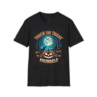 Printify black T shirt with jack o lantern moon bats haunted house graphic Trick or Treat Yourself eco-friendly Halloween t-shirt