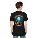 Back view of man wearing black eco-friendly Halloween t-shirt with jack o lantern moon bats and Trick or Treat Yourself text
