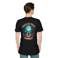 Back view of man wearing black eco-friendly Halloween t-shirt with jack o lantern moon bats and Trick or Treat Yourself text