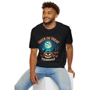 Printify black mens eco-friendly Halloween t-shirt with pumpkin jack o lantern moon bats and Trick or Treat Yourself graphic
