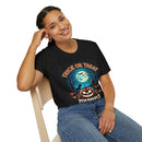 Printify eco-friendly Halloween t-shirt on smiling woman wearing black tee with jack o lantern moon and bats design