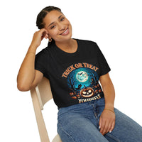 Printify eco-friendly Halloween t-shirt on smiling woman wearing black tee with jack o lantern moon and bats design