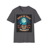 Printify gray t shirt with Trick or Treat Yourself pumpkin full moon bats and haunted house graphic eco-friendly Halloween t-shirt