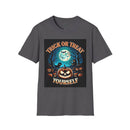 Printify gray t shirt with Trick or Treat Yourself pumpkin full moon bats and haunted house graphic eco-friendly Halloween t-shirt