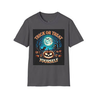 Printify gray t shirt with Trick or Treat Yourself pumpkin full moon bats and haunted house graphic eco-friendly Halloween t-shirt