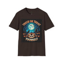 Printify eco-friendly Halloween t-shirt featuring Trick or Treat Yourself pumpkin jack o lantern moon and bats design