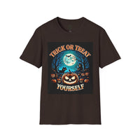 Printify eco-friendly Halloween t-shirt featuring Trick or Treat Yourself pumpkin jack o lantern moon and bats design