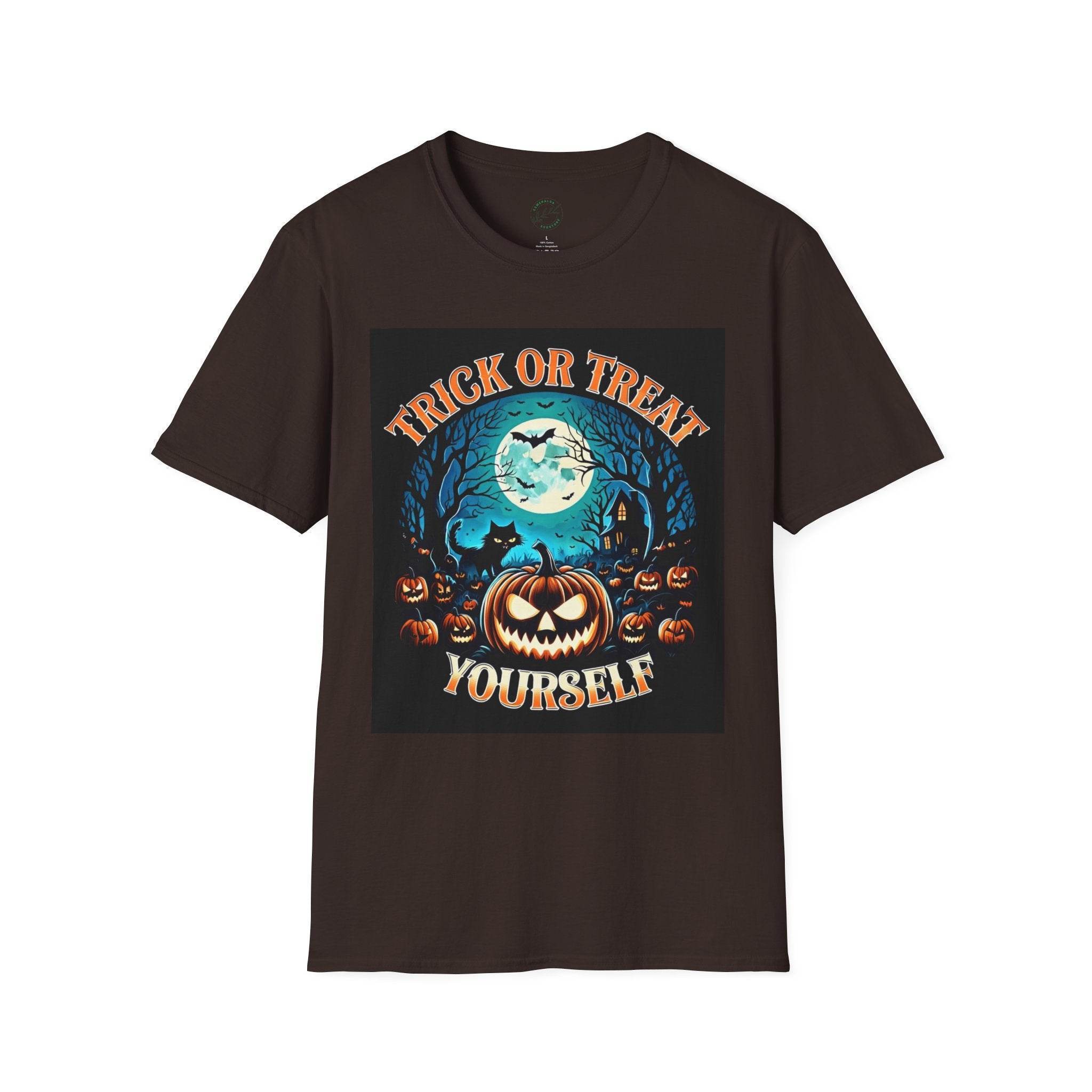 Printify eco-friendly Halloween t-shirt featuring Trick or Treat Yourself pumpkin jack o lantern moon and bats design