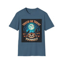 Printify blue short sleeve tee with Trick or Treat Yourself pumpkin design under full moon eco-friendly Halloween t-shirt