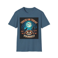 Printify blue short sleeve tee with Trick or Treat Yourself pumpkin design under full moon eco-friendly Halloween t-shirt