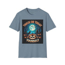 Printify eco-friendly Halloween t-shirt with Trick or Treat Yourself pumpkin moon bats graphic on blue tee