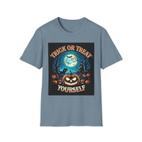 Printify eco-friendly Halloween t-shirt with Trick or Treat Yourself pumpkin moon bats graphic on blue tee