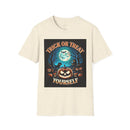 Printify eco-friendly Halloween t-shirt cream speckled crewneck with Trick or Treat Yourself pumpkin moon bats haunted house design