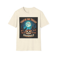 Printify eco-friendly Halloween t-shirt cream speckled crewneck with Trick or Treat Yourself pumpkin moon bats haunted house design