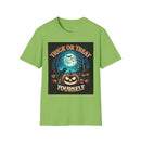 Printify green tee with Trick or Treat Yourself jack o lantern moon bats graveyard design eco-friendly Halloween t-shirt