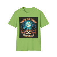 Printify green tee with Trick or Treat Yourself jack o lantern moon bats graveyard design eco-friendly Halloween t-shirt