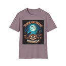 Printify eco-friendly Halloween t-shirt purple crew neck featuring Trick or Treat Yourself pumpkin moon bats haunted house