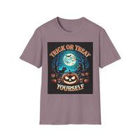 Printify eco-friendly Halloween t-shirt purple crew neck featuring Trick or Treat Yourself pumpkin moon bats haunted house