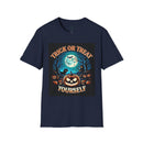 Printify navy t shirt with Trick or Treat Yourself pumpkin design moon bats haunted house eco-friendly Halloween t-shirt