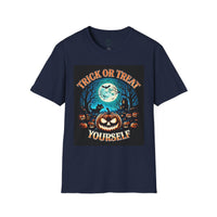 Printify navy t shirt with Trick or Treat Yourself pumpkin design moon bats haunted house eco-friendly Halloween t-shirt