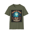 Printify olive green eco-friendly Halloween t-shirt featuring Trick or Treat Yourself jack o lantern moon bats design
