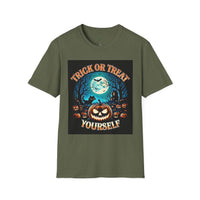 Printify olive green eco-friendly Halloween t-shirt featuring Trick or Treat Yourself jack o lantern moon bats design
