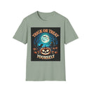 Printify sage green tee with Trick Or Treat Yourself pumpkin design under full moon eco-friendly Halloween t-shirt