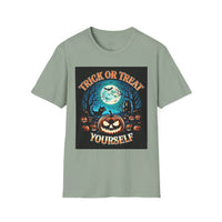 Printify sage green tee with Trick Or Treat Yourself pumpkin design under full moon eco-friendly Halloween t-shirt