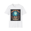 Printify white tee with Trick Or Treat Yourself pumpkin moon bats and jack o lanterns eco-friendly Halloween t-shirt