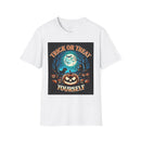 Printify white tee with Trick Or Treat Yourself pumpkin moon bats and jack o lanterns eco-friendly Halloween t-shirt