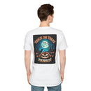 Printify white unisex eco-friendly Halloween t-shirt showing back print with moonlit pumpkin and bats