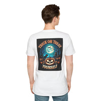 Printify white unisex eco-friendly Halloween t-shirt showing back print with moonlit pumpkin and bats