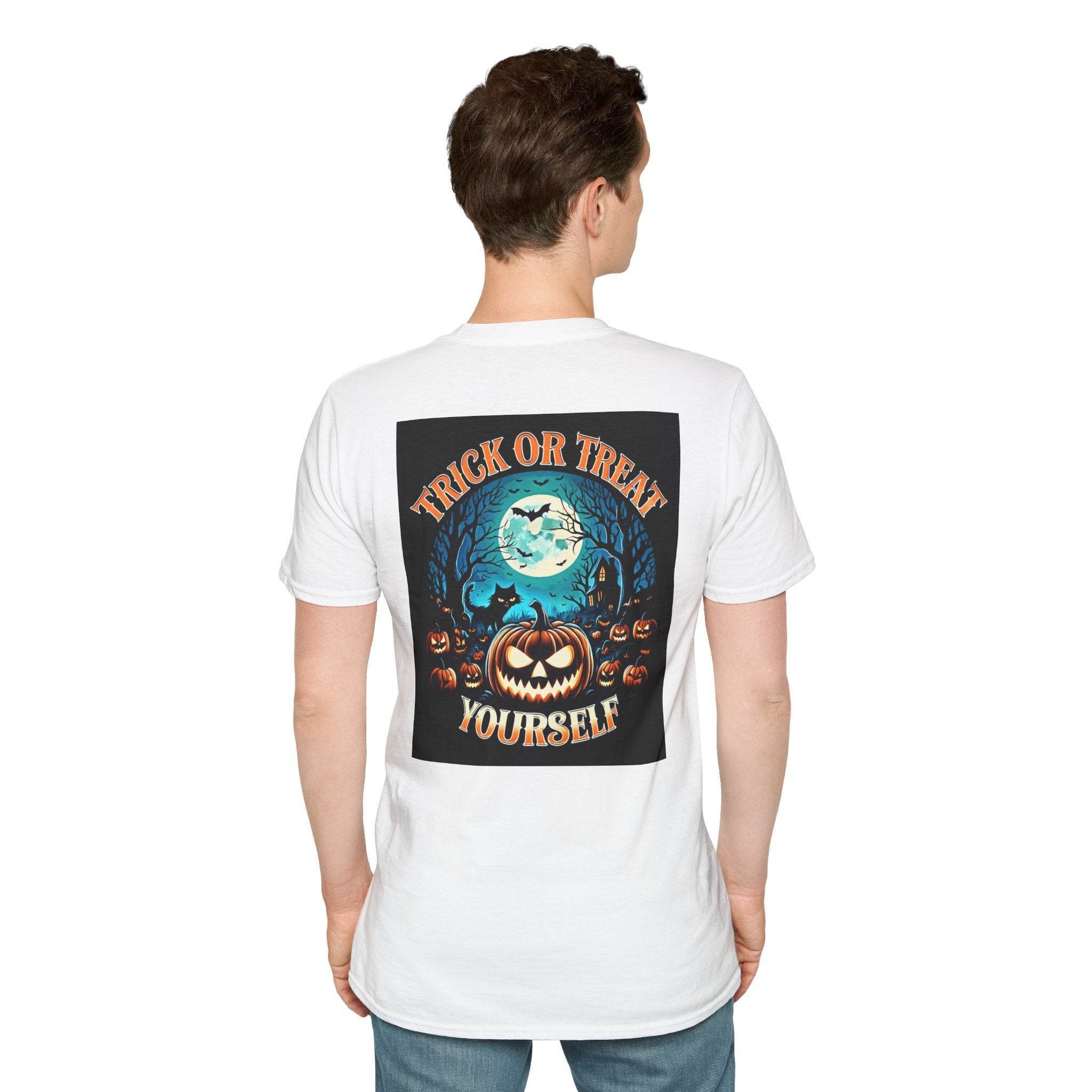 Printify white unisex eco-friendly Halloween t-shirt showing back print with moonlit pumpkin and bats