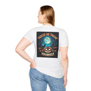 Printify white t shirt back view with Trick or Treat Yourself pumpkin moon trees eco-friendly Halloween t-shirt