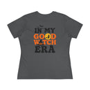 eco friendly halloween t shirt women Printify gray womens tee with IN MY GOOD WITCH ERA text and orange witch graphic