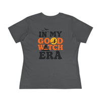eco friendly halloween t shirt women Printify gray womens tee with IN MY GOOD WITCH ERA text and orange witch graphic