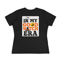 eco friendly halloween t shirt women black back view with white square graphic reading IN MY GOOD WITCH ERA with witch hat bats