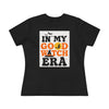 Printify black women tee with In My Good Witch Era orange and white print with bats and witch eco friendly halloween t shirt women