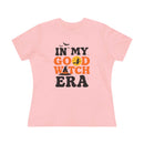 Printify pink womens T shirt In My Good Witch Era graphic with bats moon and witch silhouette eco friendly halloween t shirt women