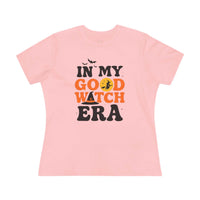 Printify pink womens T shirt In My Good Witch Era graphic with bats moon and witch silhouette eco friendly halloween t shirt women