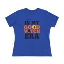 eco friendly halloween t shirt women blue crewneck tee with In My Good Witch Era print with orange moon witch silhouette and bats