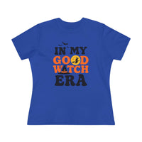 eco friendly halloween t shirt women blue crewneck tee with In My Good Witch Era print with orange moon witch silhouette and bats